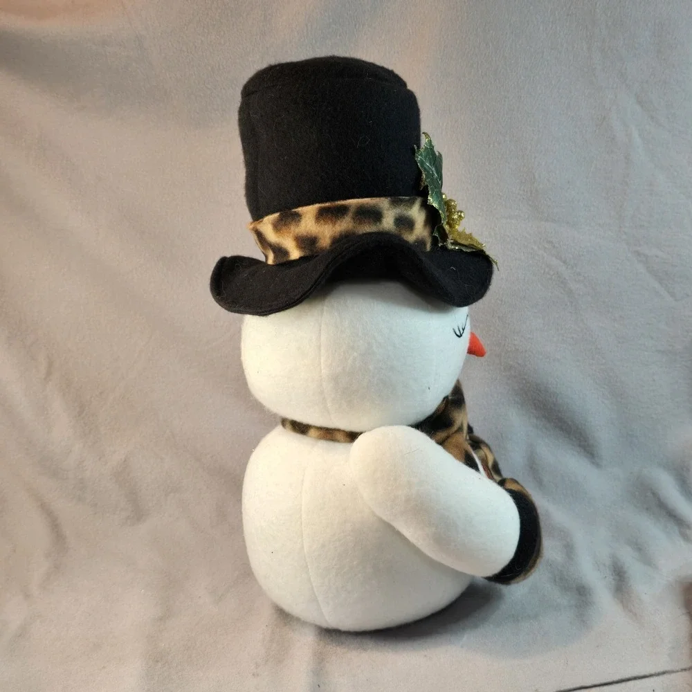 2 Snowman Couple Plushies W/ Leopard Print Scarf Hat Gloves Christmas Winter